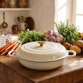 EMALIOWANY GARNEK ŻELIWNY PŁASKI 30cm 3L HAGE CREAM