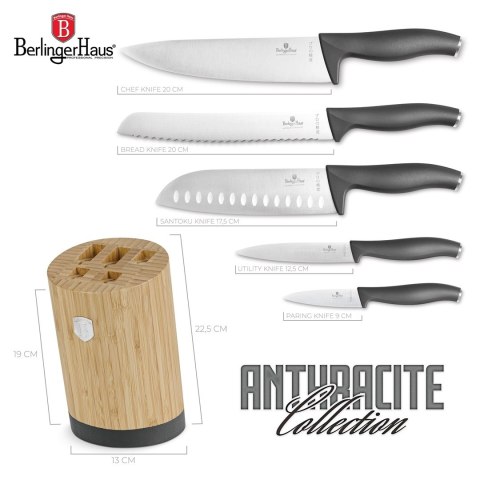 Noże kuchenne | Zestaw 5 szt. w stojaku bambusowym Berlinger Haus Anthracite BH-2672