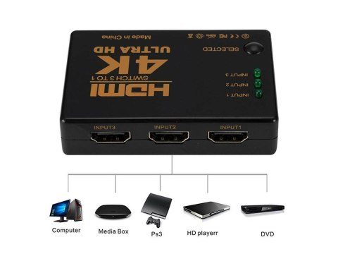 Switch rozdzielacz 3x do 1 hdmi 4k uhd + pilot ir