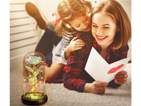 Wieczna róża w szkle prezent led świecąca pudełko szklana drewniana podst.