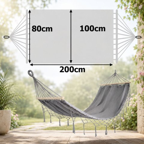 Hamak ogrodowy turystyczny szary frędzle huśtawka boho torba 200 x 100cm