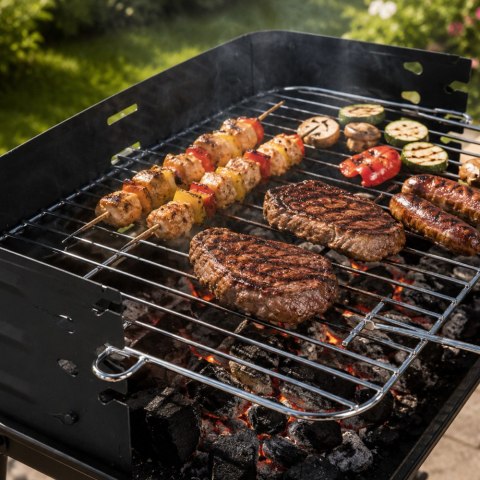 Grill ogrodowy duży węglowy bbq regulowany ruszt półki koła przenośny