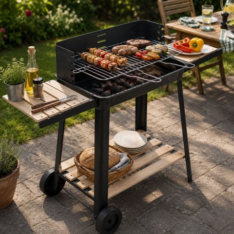 Grill ogrodowy duży węglowy bbq regulowany ruszt półki koła przenośny