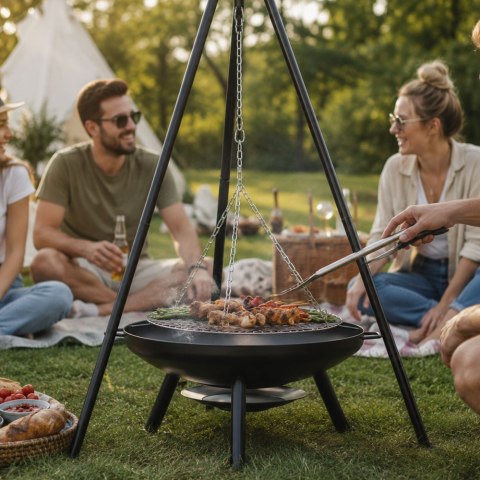 Palenisko ogrodowe duże trójnóg stojak ruszt wiszący grill ognisko węgiel