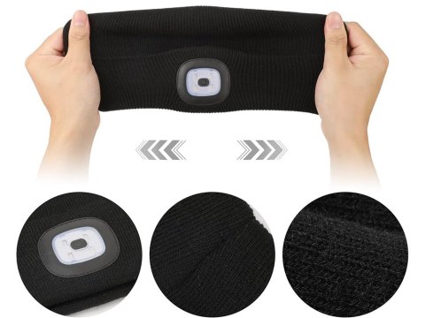 CZAPKA ZIMOWA JESIENNA Z LATARKĄ LAMPKĄ LED CZARNA USB 3 TRYBY ŚWIECENIA