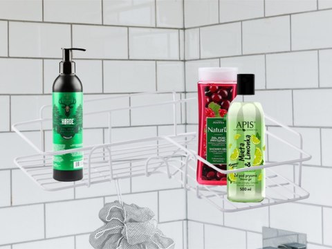 Półka łazienkowa do łazenki pod prysznic narożna loft wisząca haczyk biała