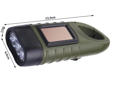 LATARKA DYNAMO SOLARNA 3 LED KINETYCZNA RĘCZNA NAKRĘCANA NA KORBKĘ KLIPS