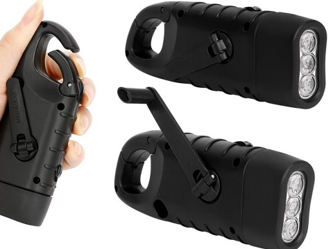 LATARKA DYNAMO SOLARNA 3 LED KINETYCZNA RĘCZNA NAKRĘCANA NA KORBKĘ KLIPS