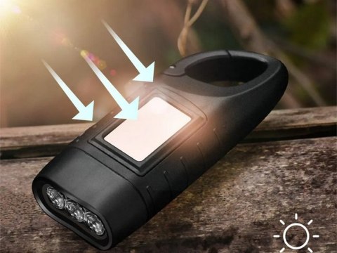 LATARKA DYNAMO SOLARNA 3 LED KINETYCZNA RĘCZNA NAKRĘCANA NA KORBKĘ KLIPS