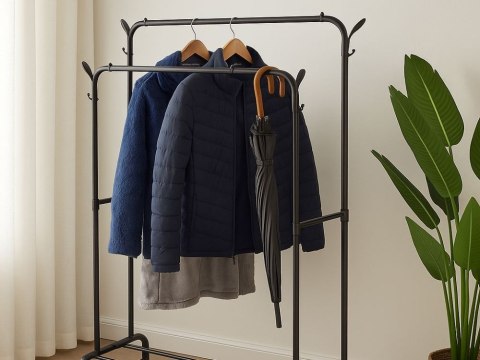 Wieszak stojący na ubrania z półkami na buty kurtki metalowa garderoba
