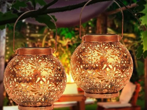 LAMPION SOLARNY OZDOBNY LED LATARNIA SŁONECZNA ZŁOTA MIEDZIANA WISZĄCA