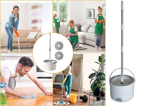 Mop obrotowy rotacyjny 360 spin wiadro zestaw 2x nakładki mikrofibra odpływ