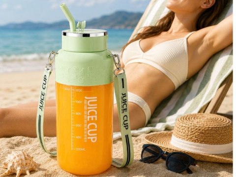 Bidon blender butelka usb 1200ml kubek do smoothie shaker ze słomką paskiem