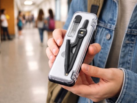 Cyrkiel szkolny z ołówkiem + grafit w etui zestaw geometryczny etui