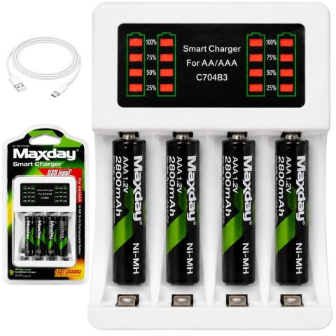 Ładowarka do akumulatorków aa aaa led + 4 akumulatorki aaa kabel usb-c