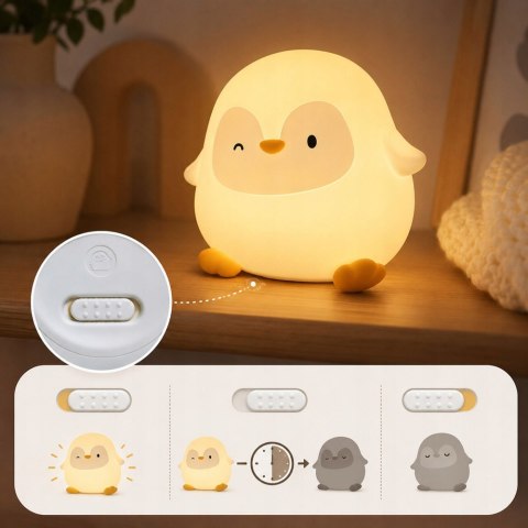 Lampka nocna pingwin led dla dzieci miękka dotykowa silikonowa usb-c timer