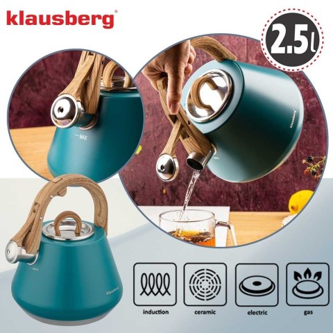 CZAJNIK STALOWY Z GWIZDKIEM 2,5L KLAUSBERG KB-9063 TURKUSOWY