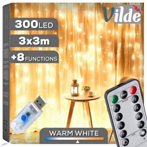 KURTYNA ŚWIETLNA 300 LED 3m Z PILOTEM 839439 BIAŁY CIEPŁY
